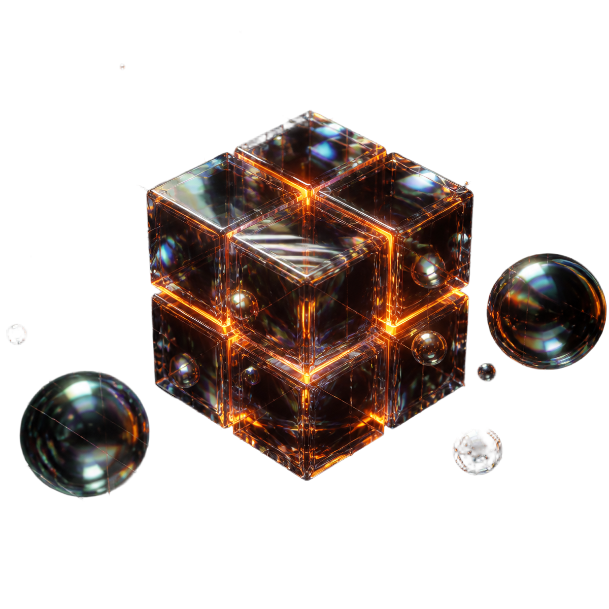 Cubo holográfico 3D representando prompts de IA da KaduDev Studios